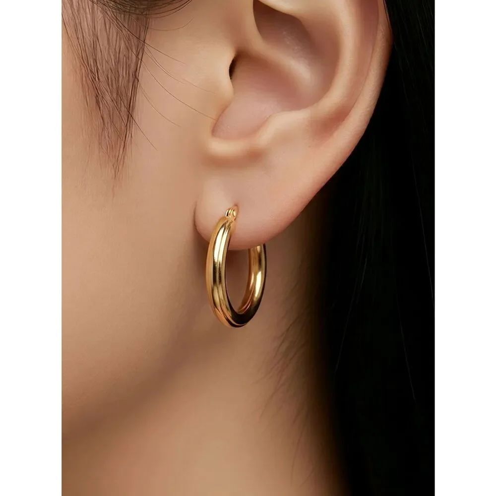 25mm Ribbed Gold Hoop Earrings Stainless Steel Hinged Minimal Classic Jewelry